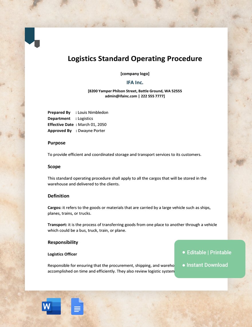 Logistics Standard Operating Procedure Template Google Docs, Word