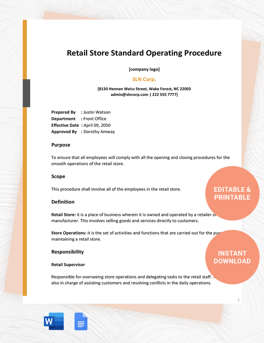 Free Retail Store Standard Operating Procedure Template in Word, Google Docs