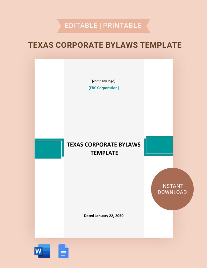 Texas Corporate Bylaws Template in Word, Google Docs