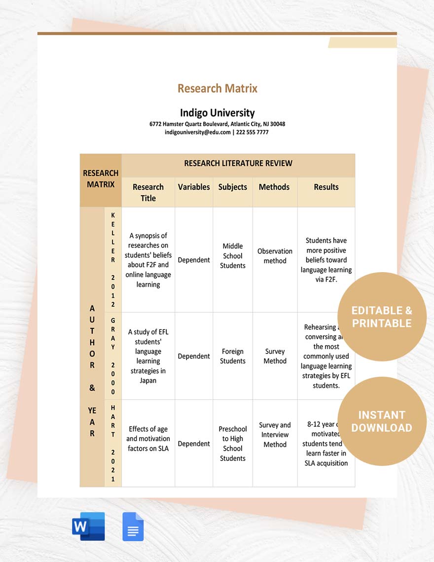 Research Matrix Template in Word, Google Docs