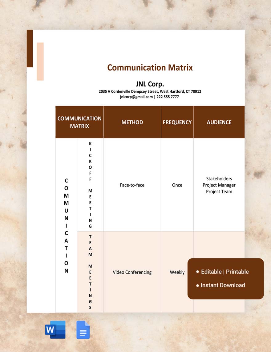 Communication Matrix Template in Word, Google Docs