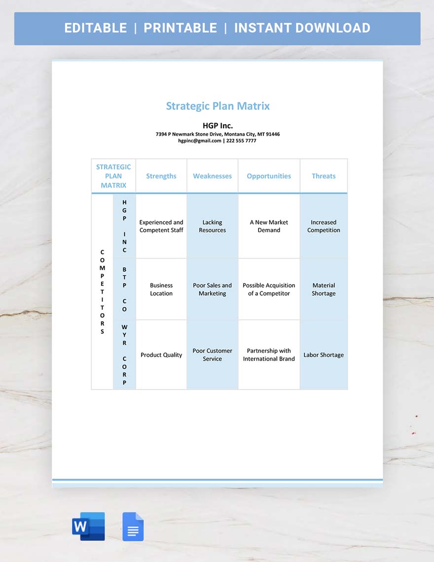 Strategic Plan Matrix Template
