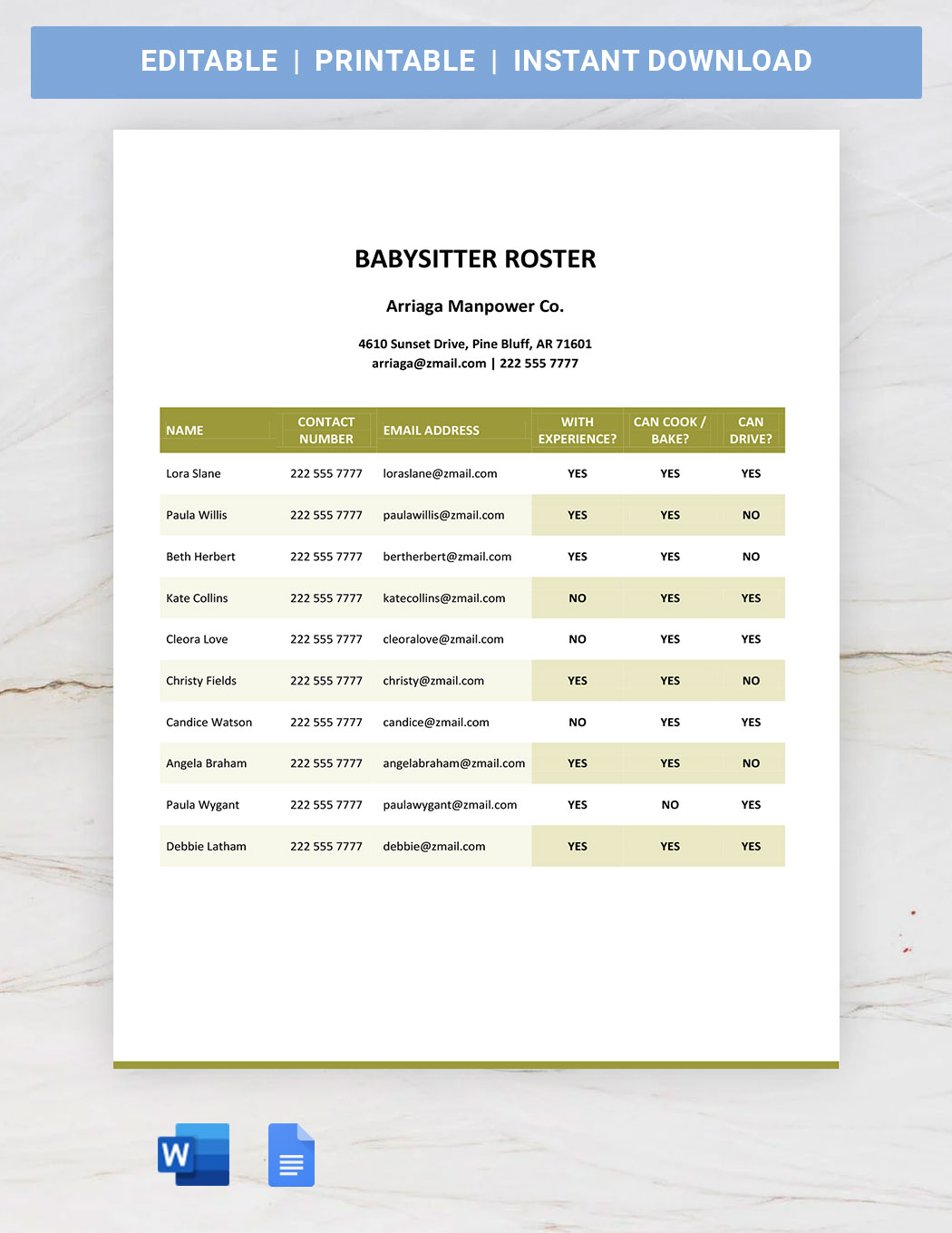 Babysitter Roster Template Download in Word, Google Docs