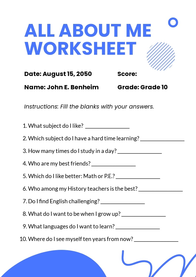 All About Me Highschool Worksheet Template