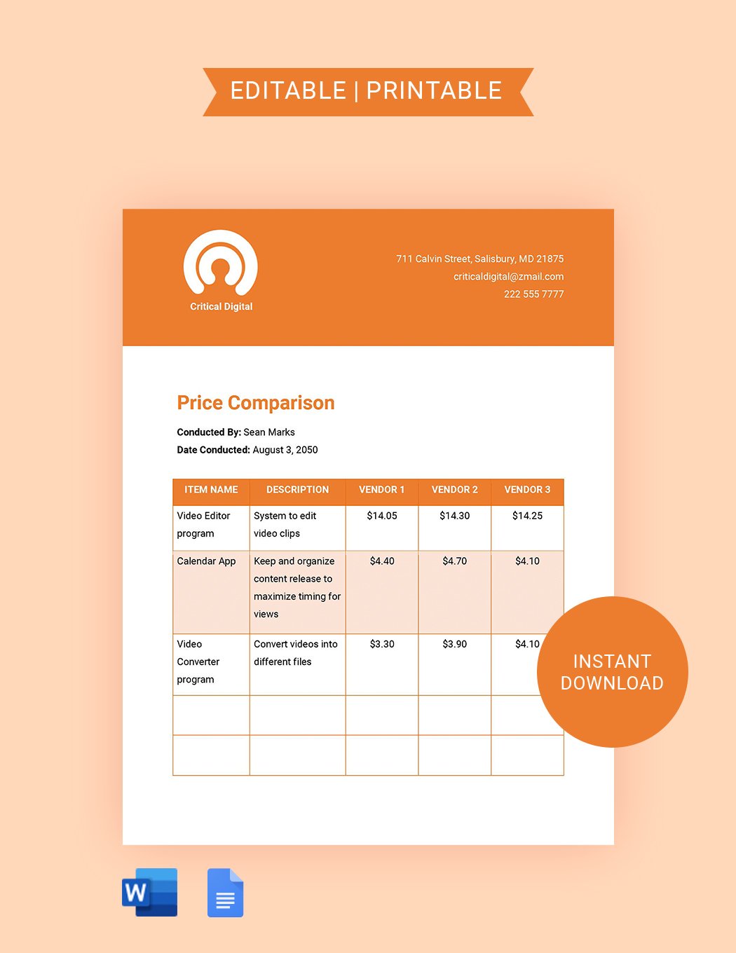 Software Price Comparison Template in Word, Google Docs