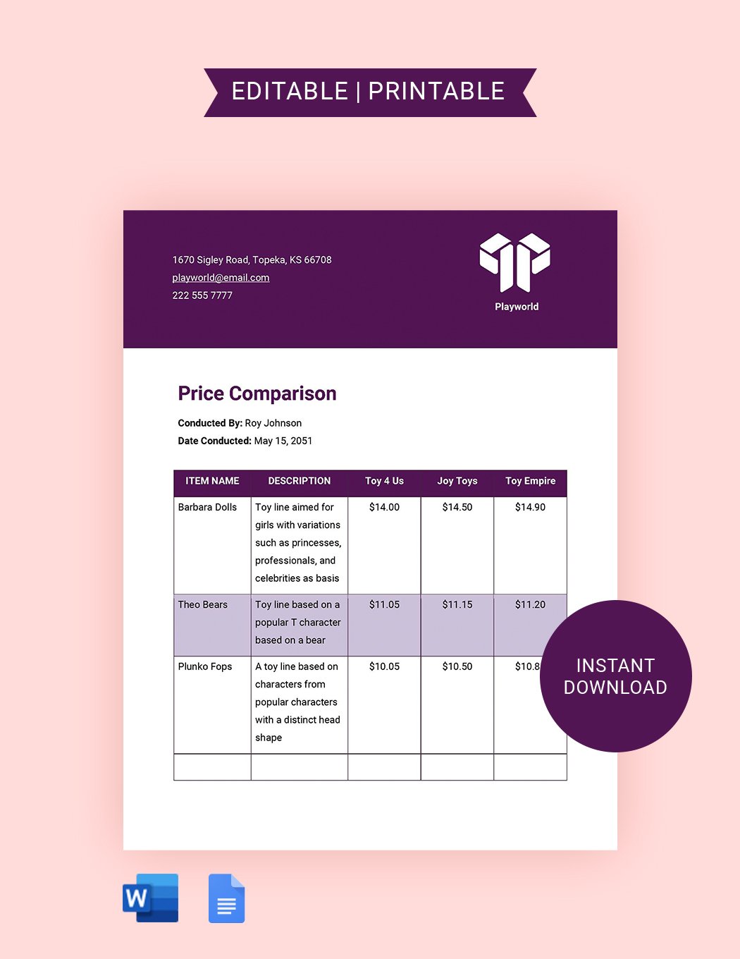 Competitor Price Comparison Template in Word, Google Docs