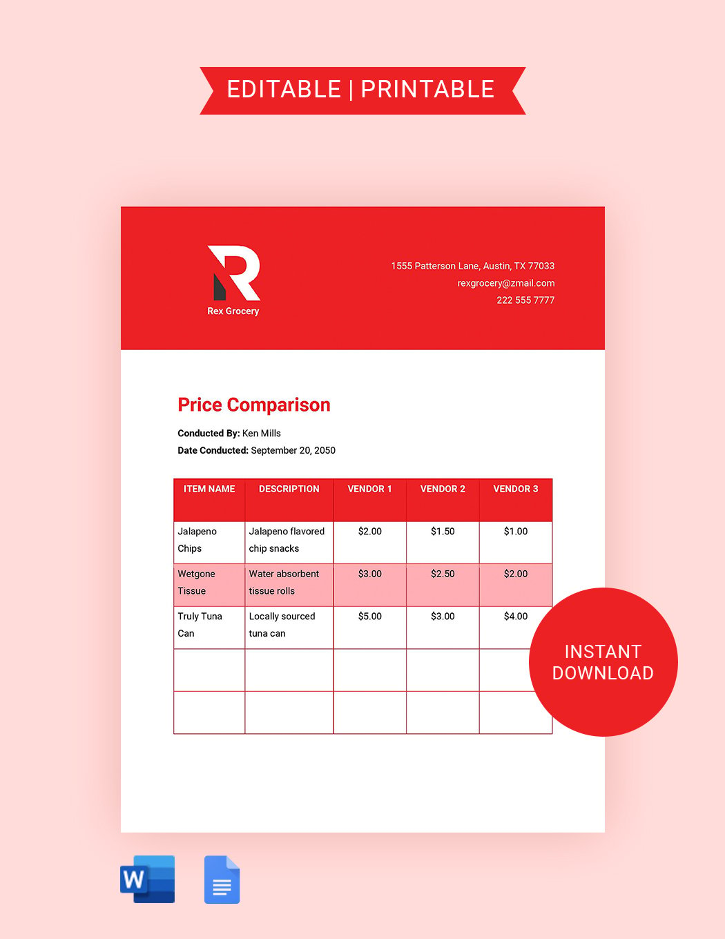 Grocery Price Comparison Template in Word, Google Docs
