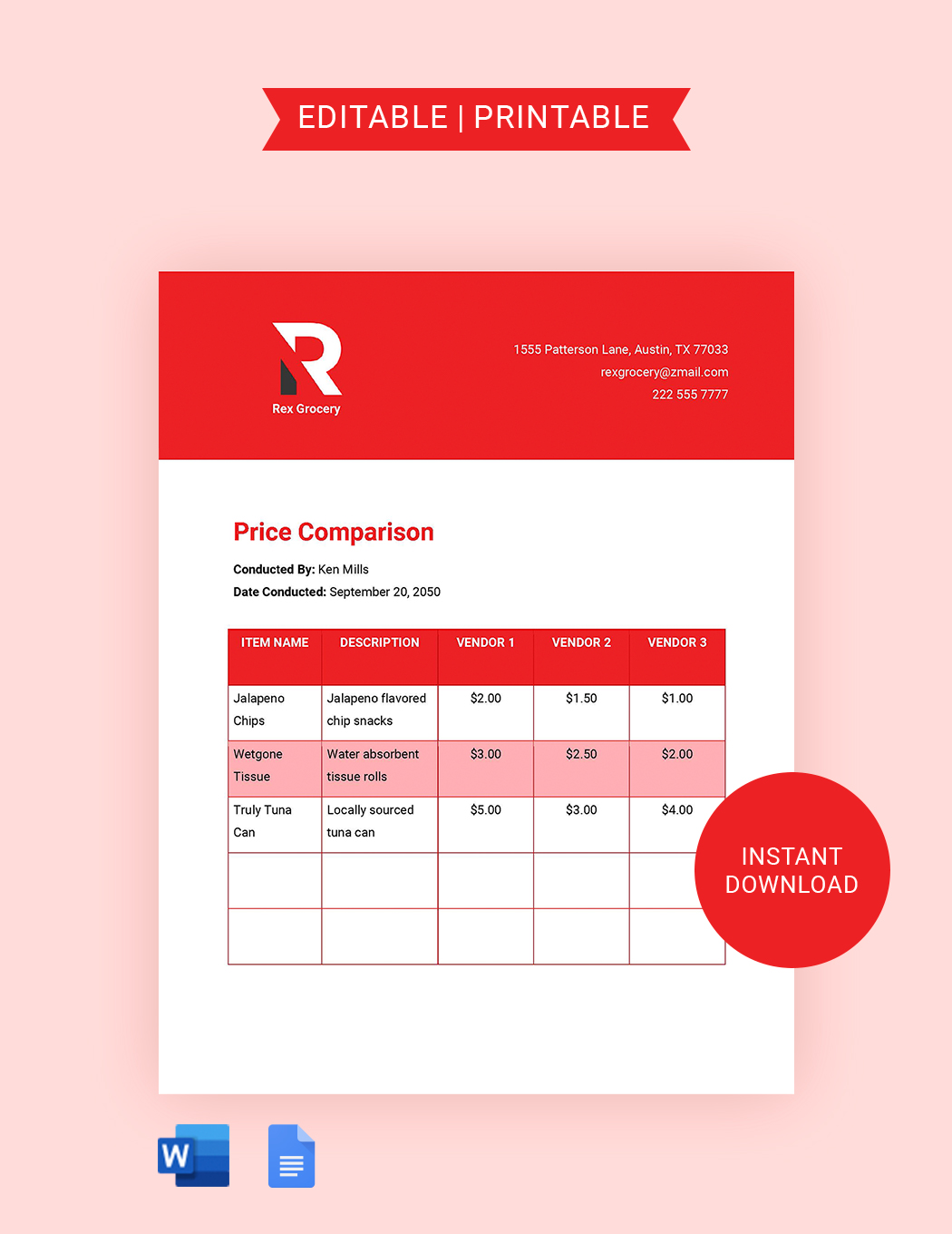 Construction Cost Comparison Template Google Docs Word Template