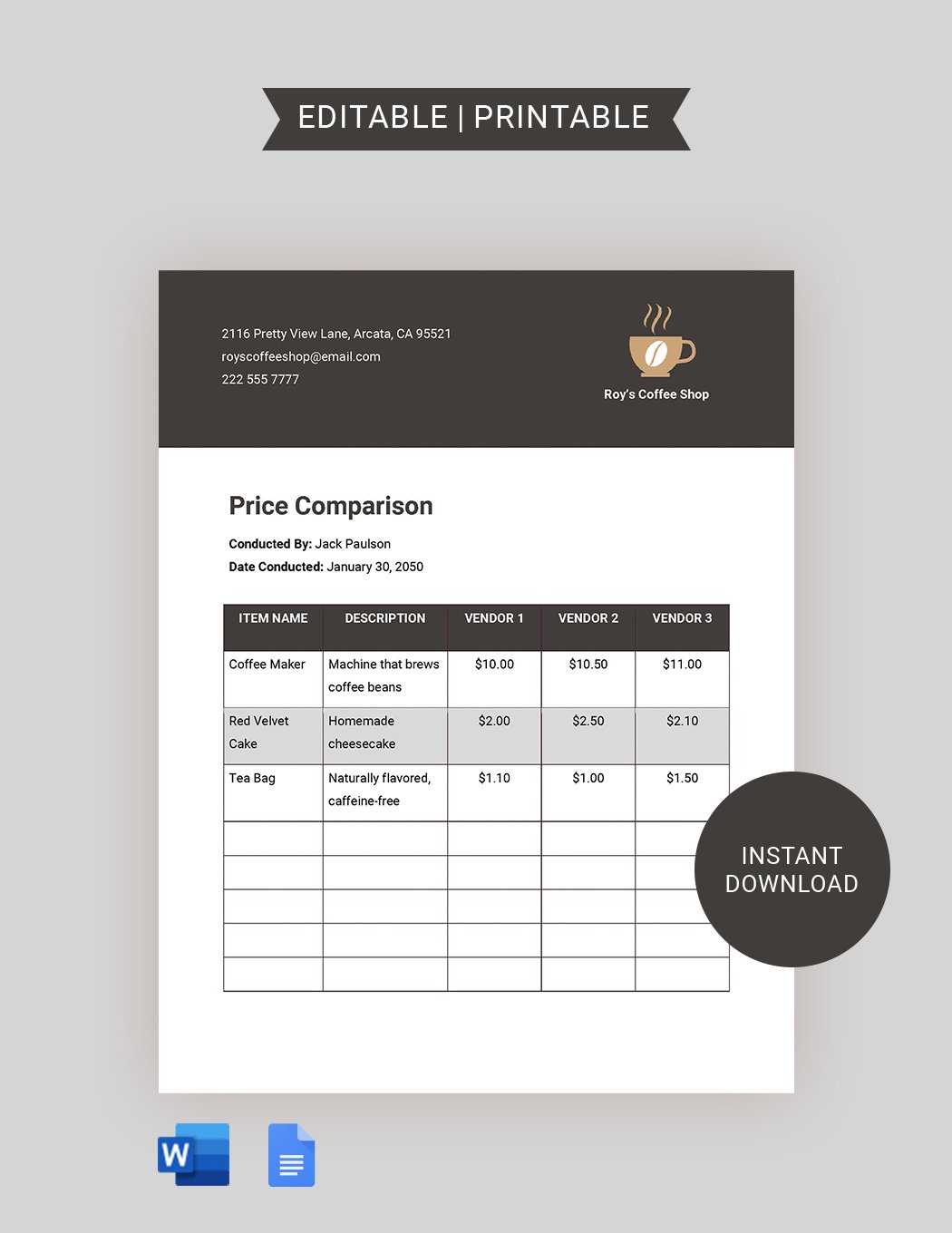 Product Price Comparison Template in Word, Google Docs