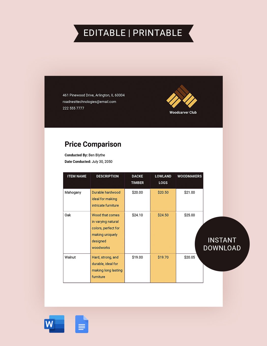 Supplier Price Comparison Template in Word, Google Docs