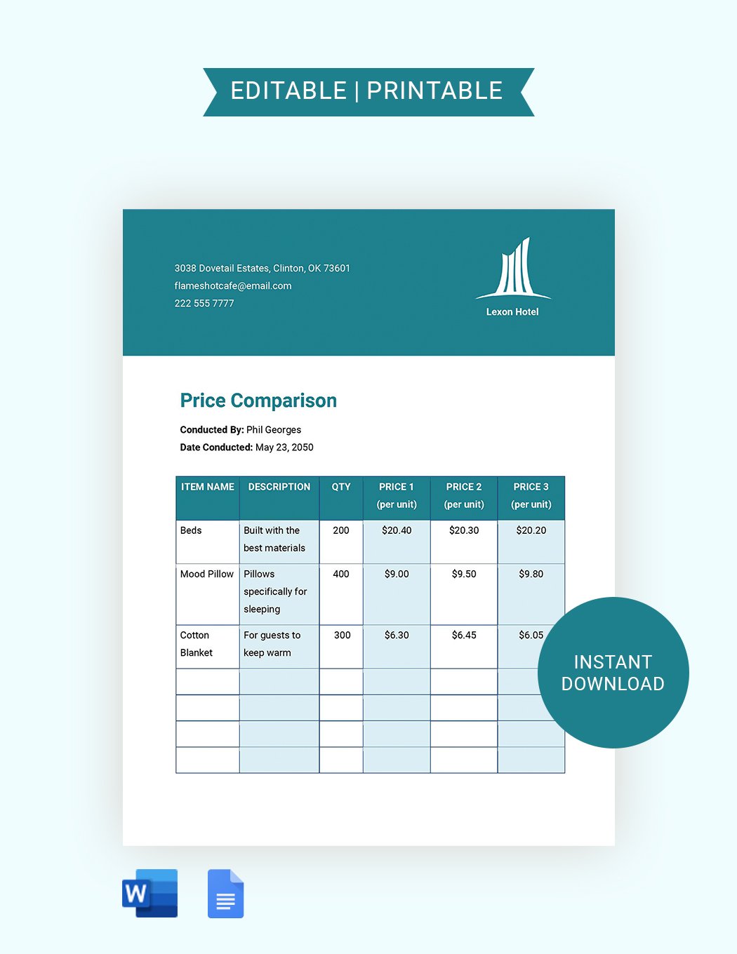 Hotel Price Comparison Template in Word, Google Docs