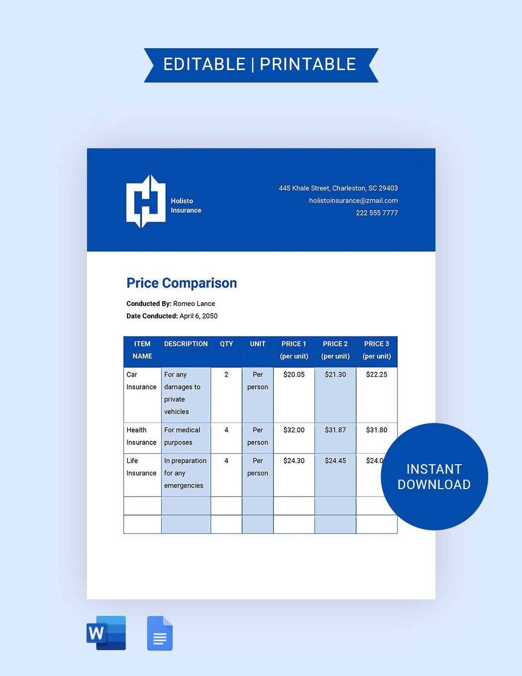 Monthly Price Comparison Template