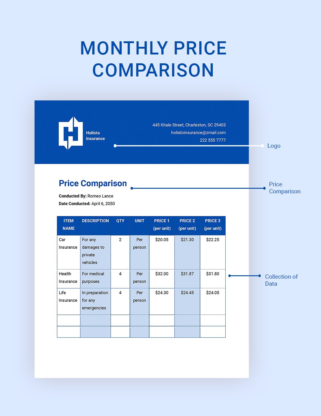 Monthly Price Comparison Template