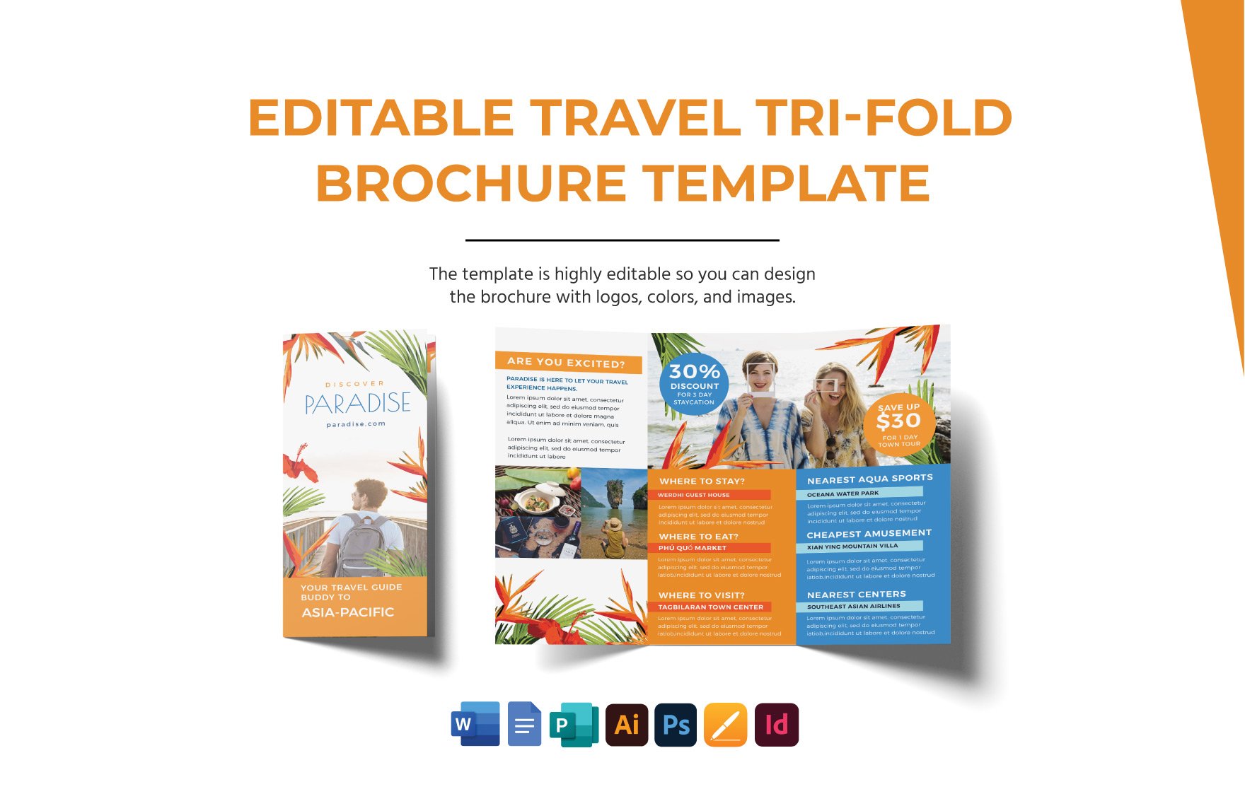 Editable Travel Tri-Fold Brochure Template in Word, Google Docs, Illustrator, PSD, Apple Pages, Publisher, InDesign