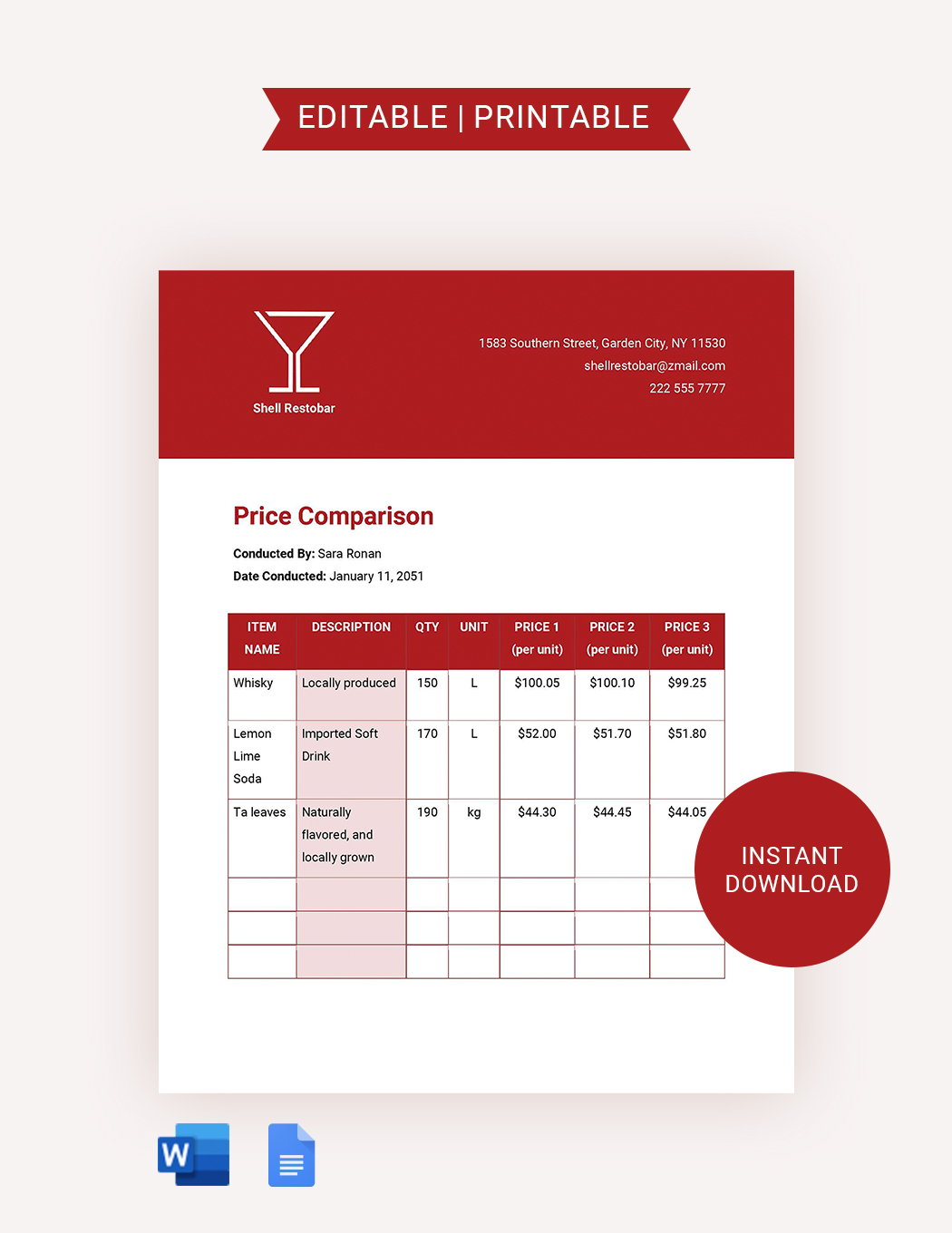 Tender Price Comparison Template in Word, Google Docs