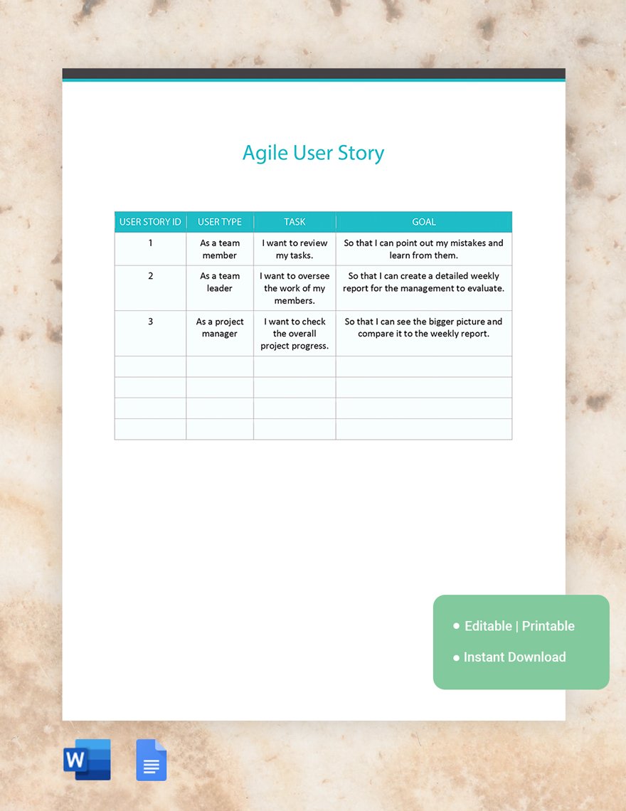 Agile User Story Template in Word, Google Docs