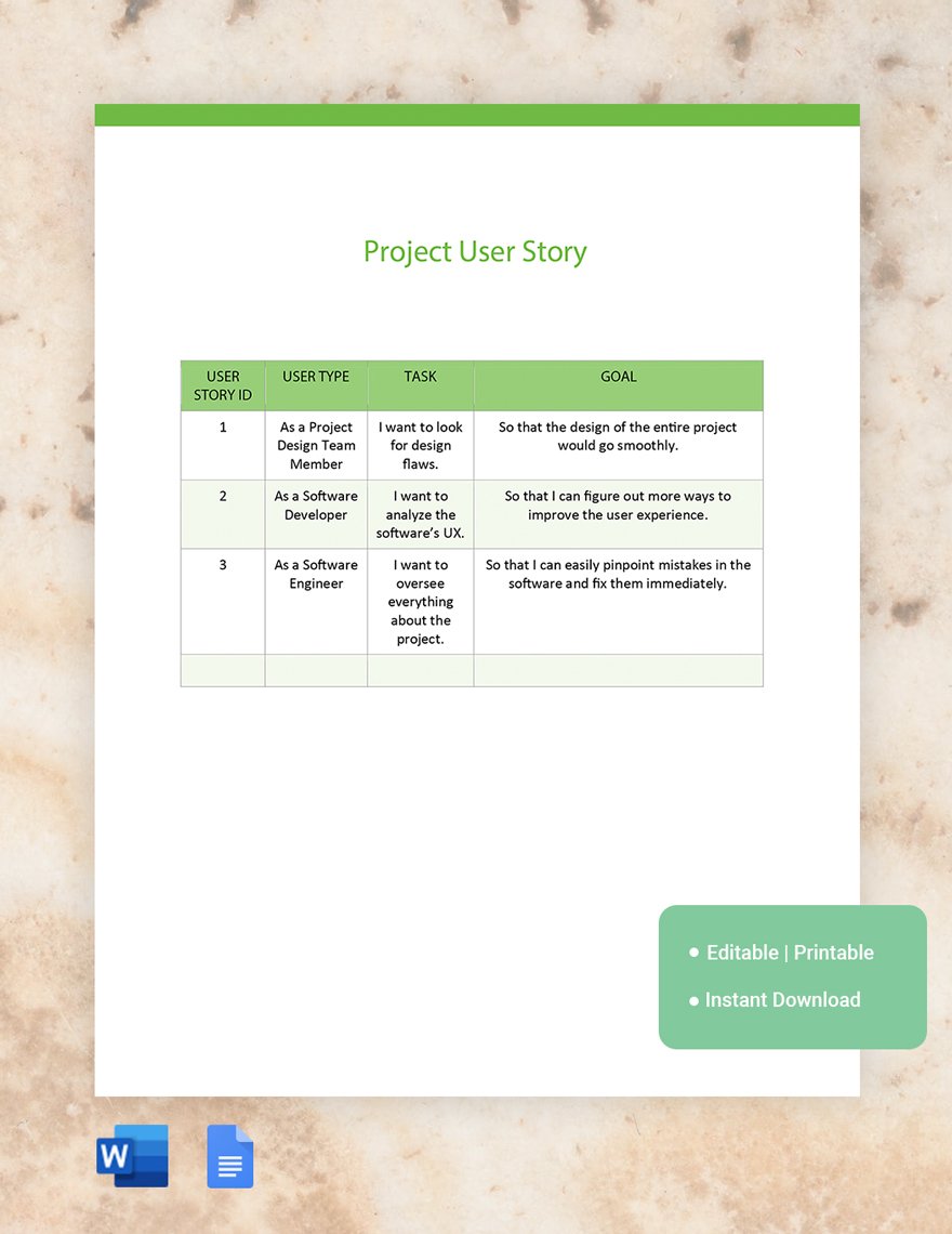 Project User Story Template in Word, Google Docs