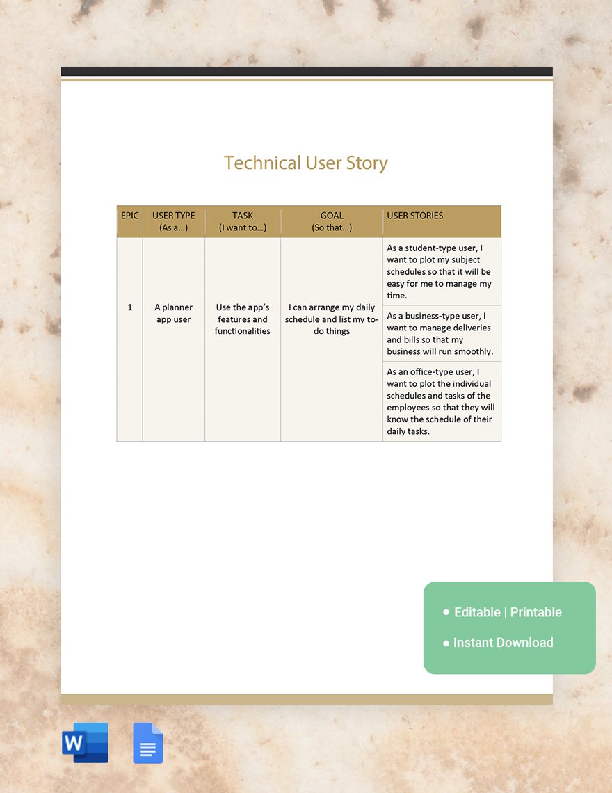 Technical User Story Template in Word, Google Docs