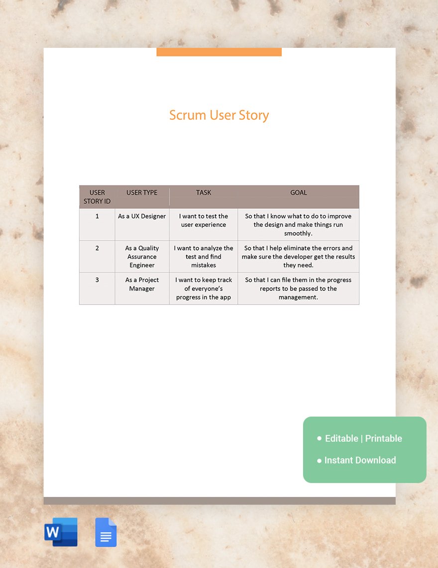 Scrum User Story Template in Word, Google Docs