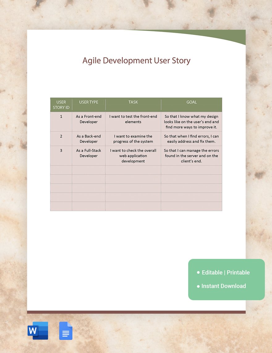 Agile Development User Story Template in Word, Google Docs