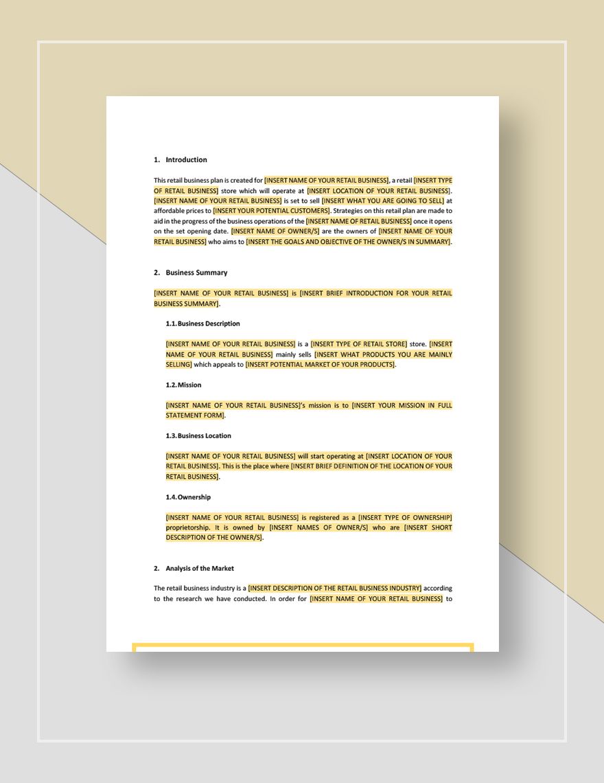 retail business plan template excel