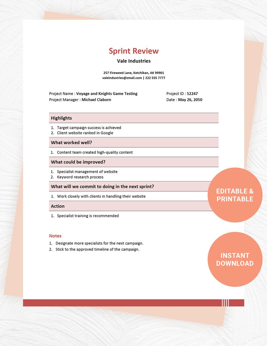 Sprint Review Template in Word, Google Docs
