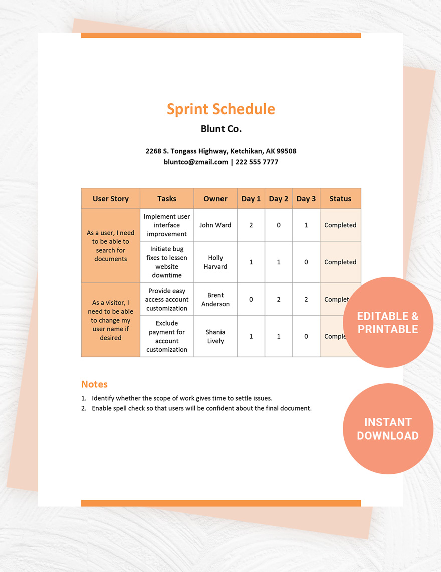 Sprint Schedule Template Google Docs Word Template