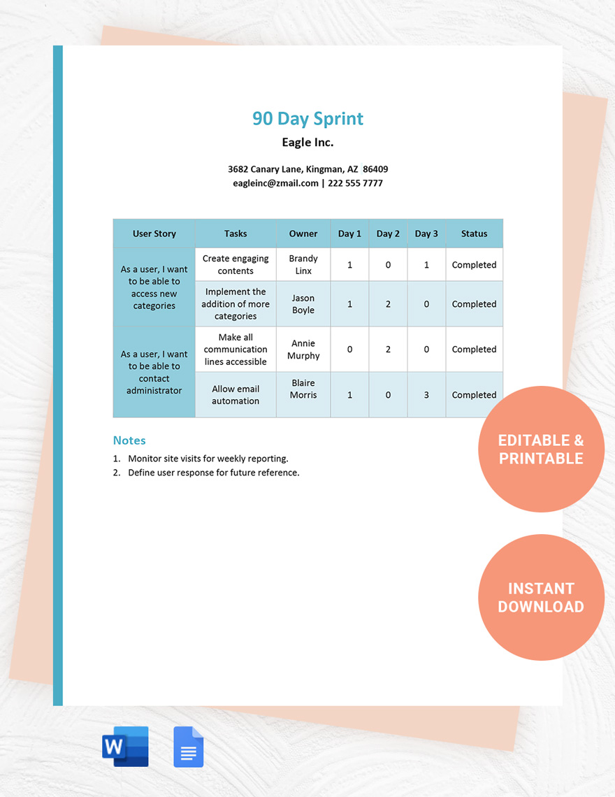 Sprint Planning Template Google Docs, Word