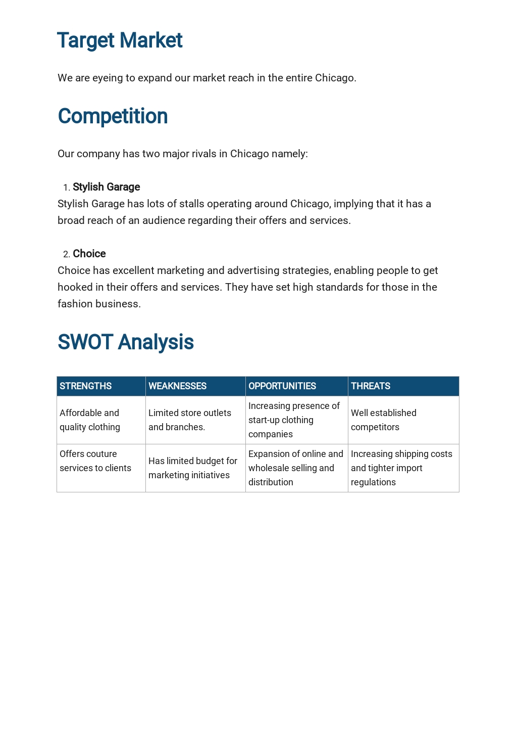 Boutique Business Plan Template