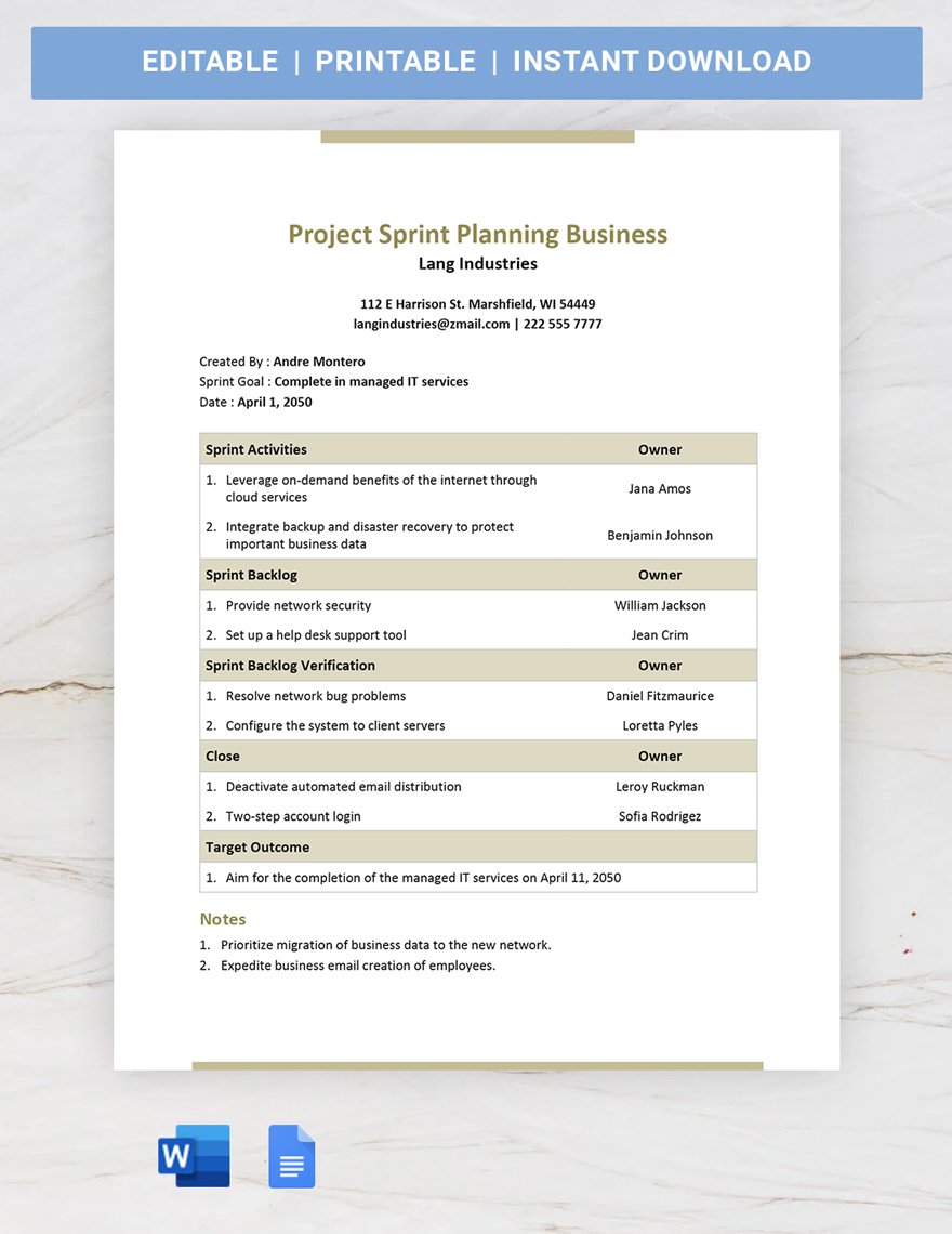 Project Sprint Planning Business Template