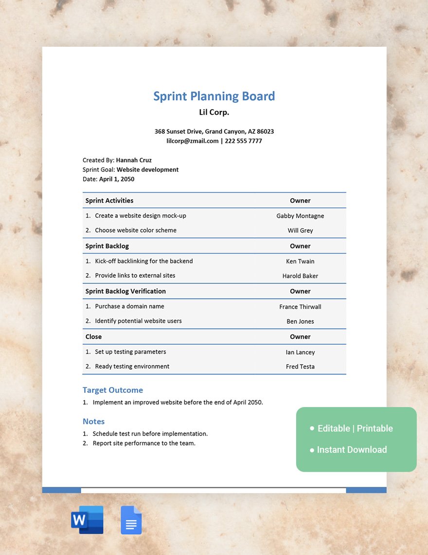 Sprint Planning Board Template