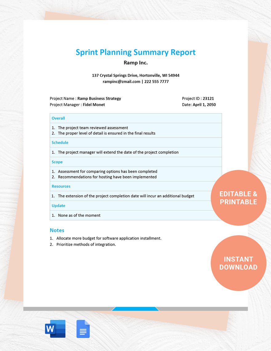 Sprint Planning Summary Report Template
