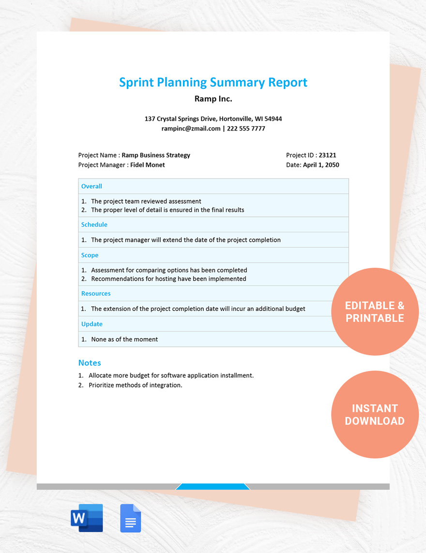 Sprint Planning Summary Report Template Download in Word, Google Docs