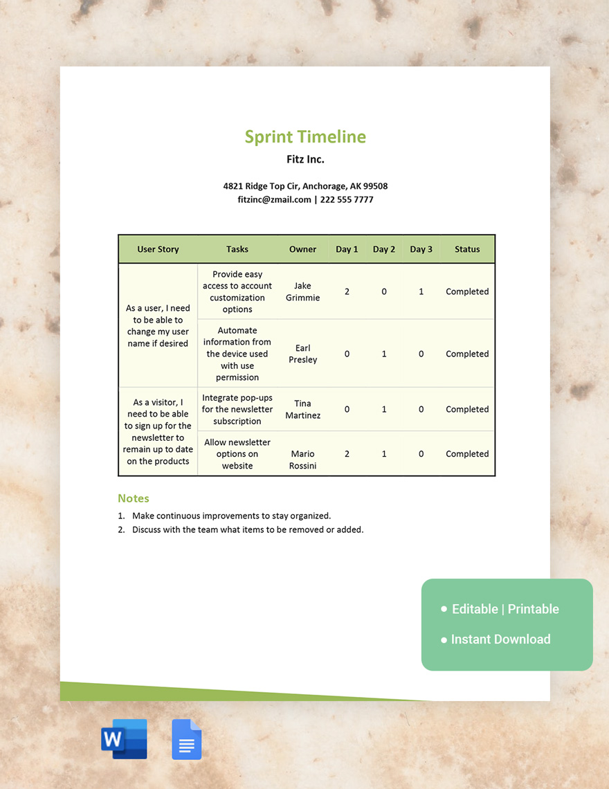 Sprint Timeline Template in Word, Google Docs