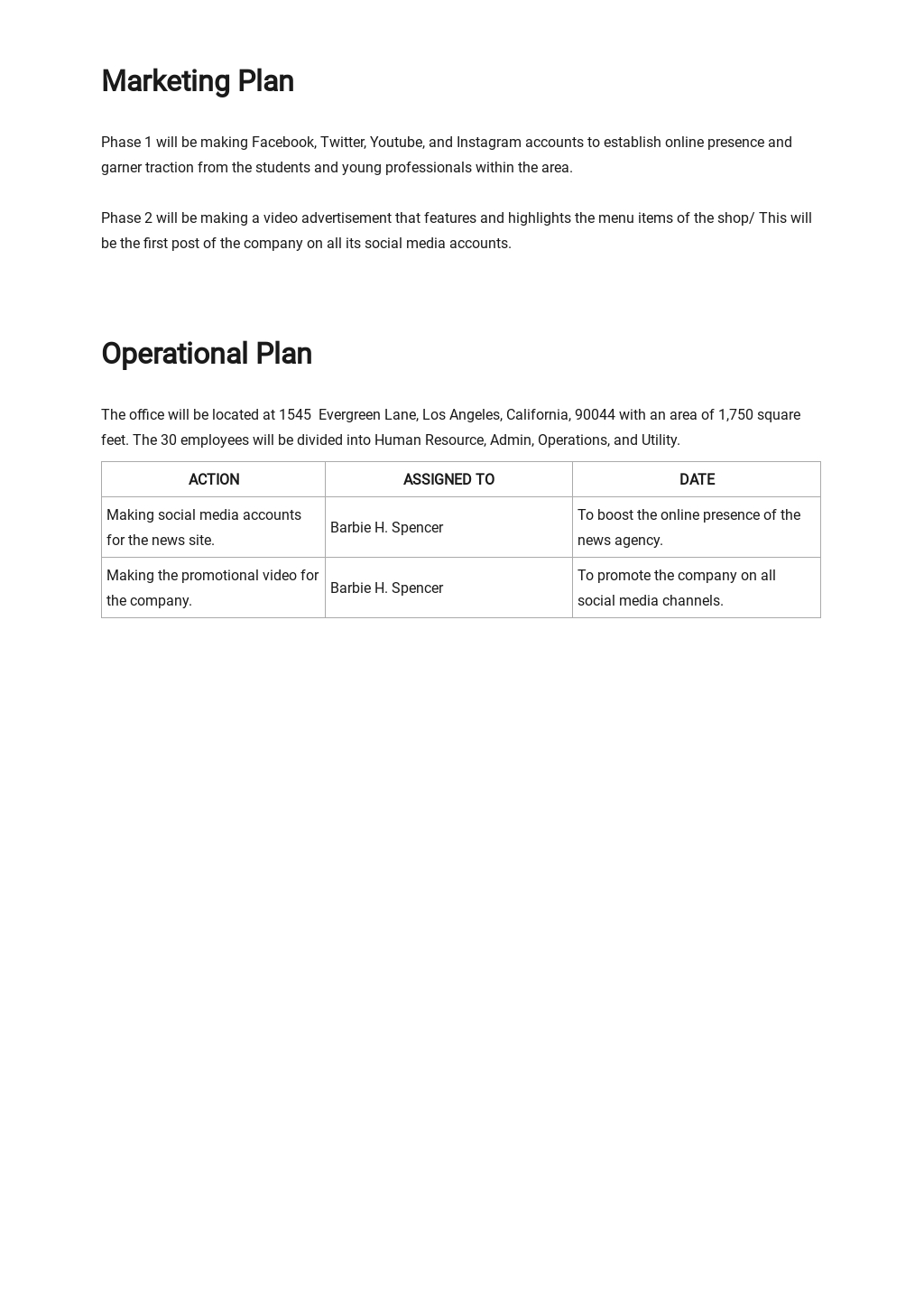 quick business plan template free