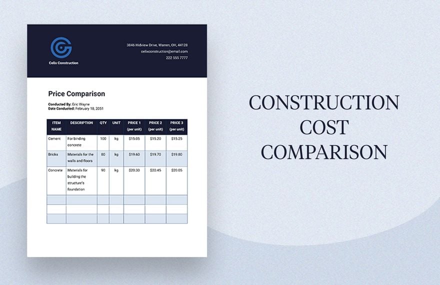 Construction Cost Comparison Template