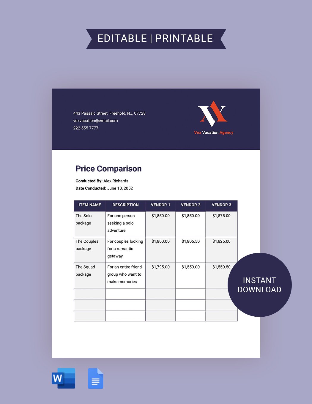 Vacation Price Comparison Template in Word, Google Docs