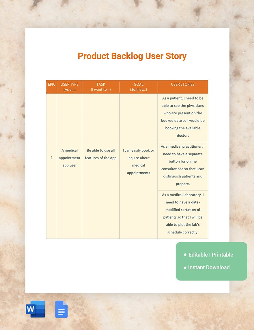 Product Backlog User Story Template in Word, Google Docs