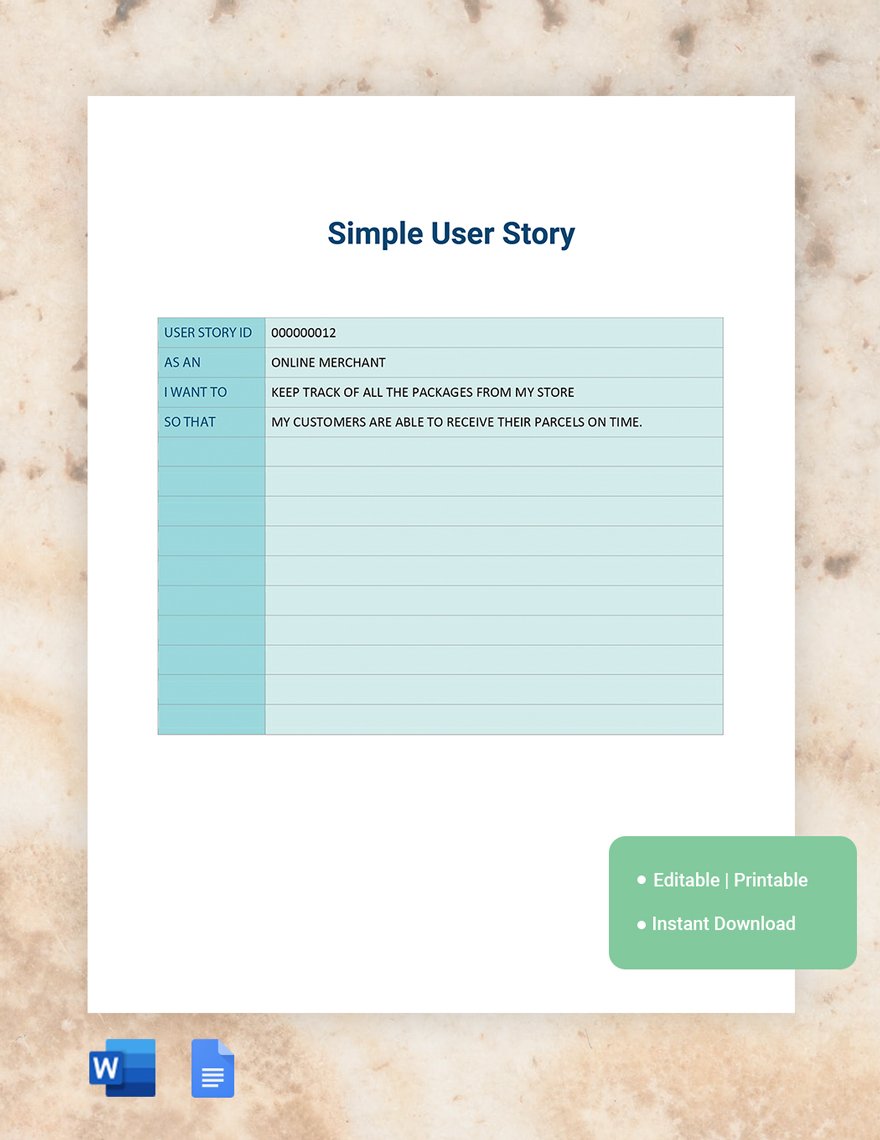 Simple User Story Template in Word, Google Docs