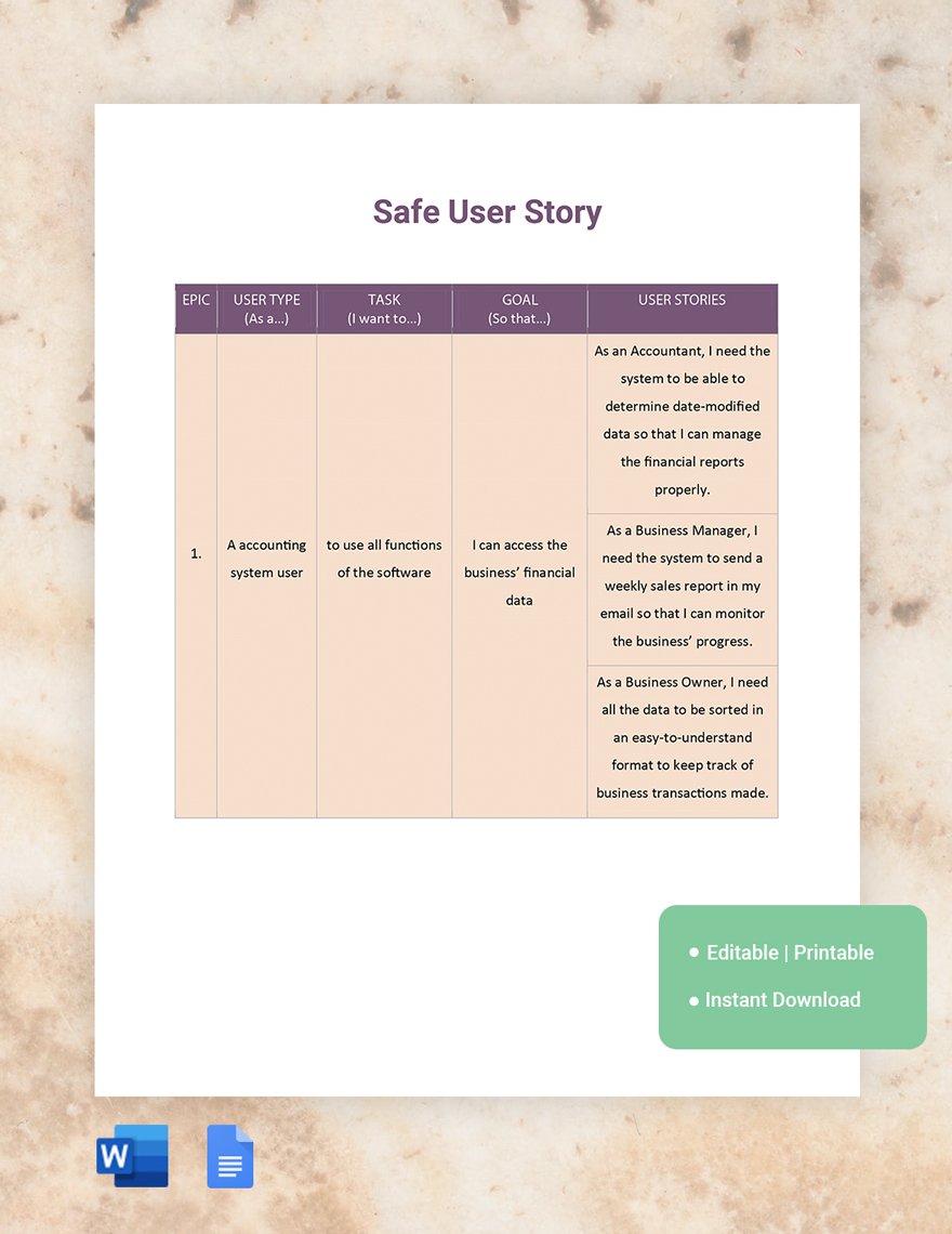 Safe User Story Template in Word, Google Docs