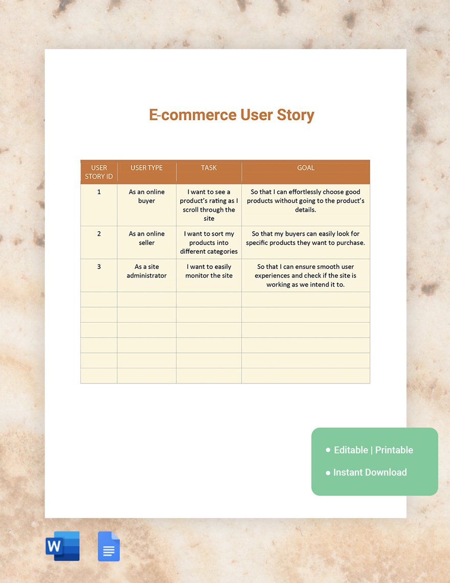 E-commerce User Story Template in Word, Google Docs