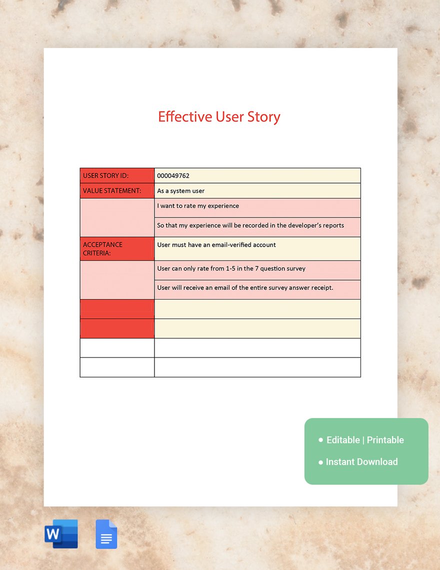 Effective User Story Template in Word, Google Docs