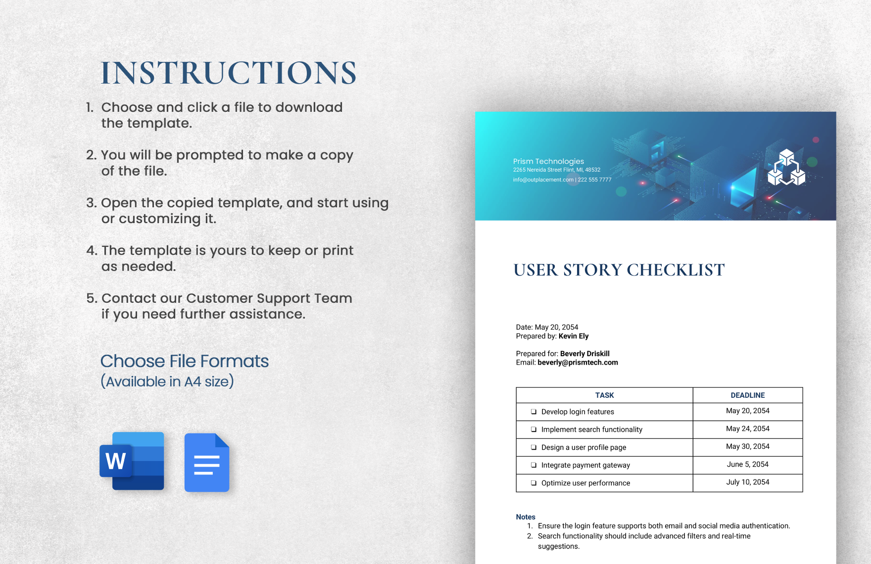 User Story Checklist Template