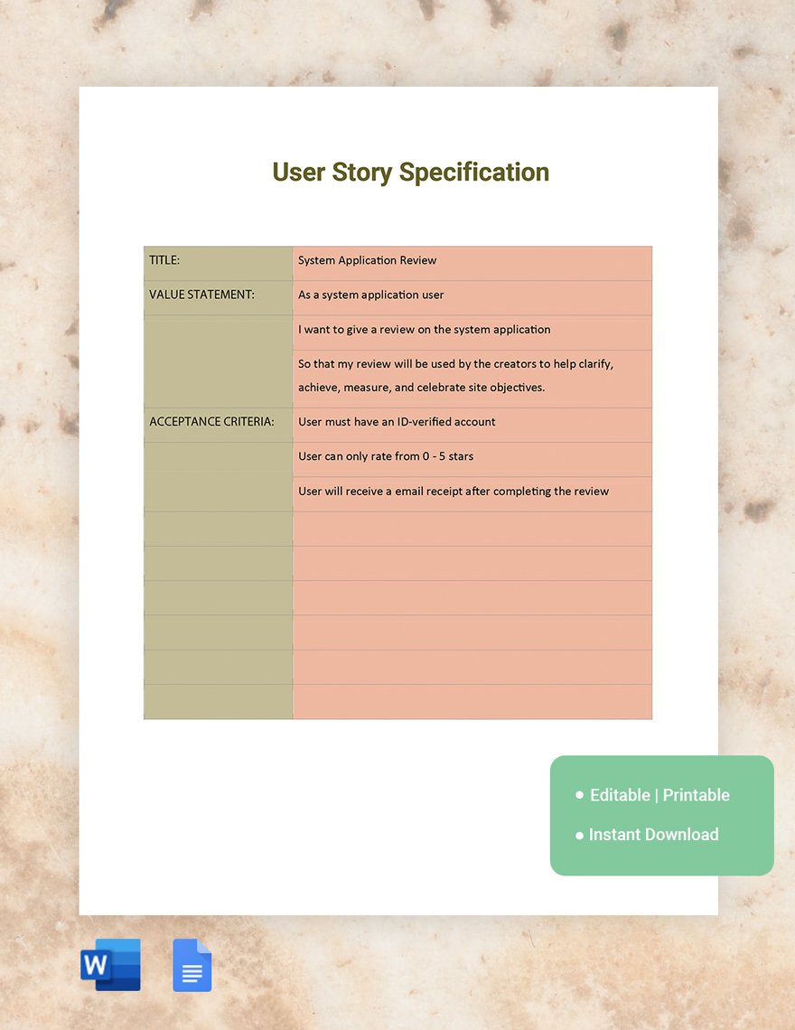 User Story Specification Template in Word, Google Docs