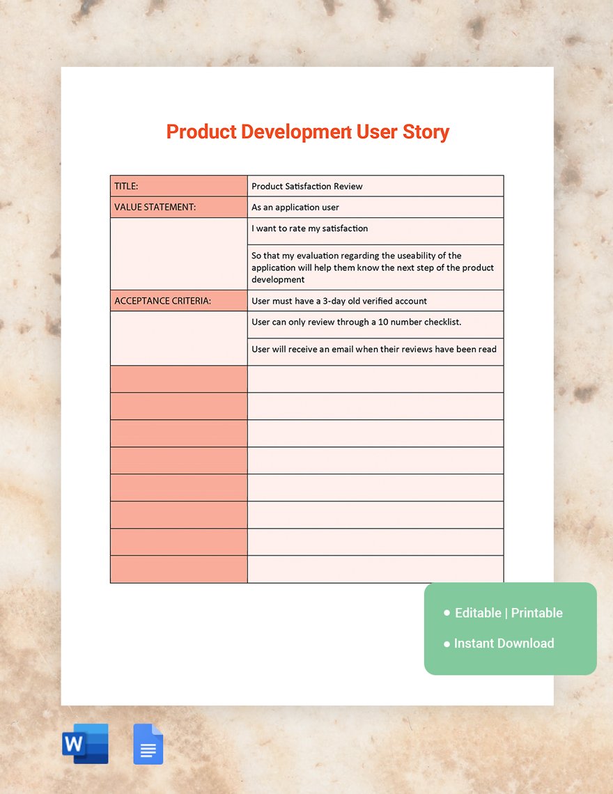 Product Development User Story Template