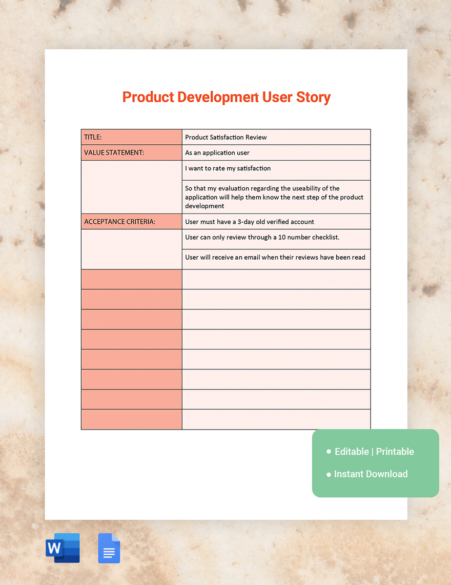 Product Development User Story Template in Word, Google Docs