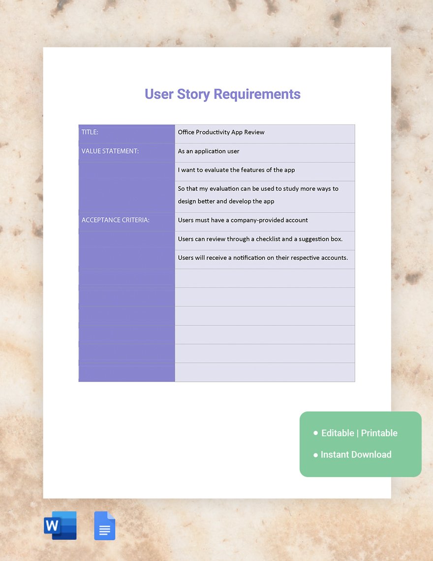 User Story Requirements Template in Word, Google Docs