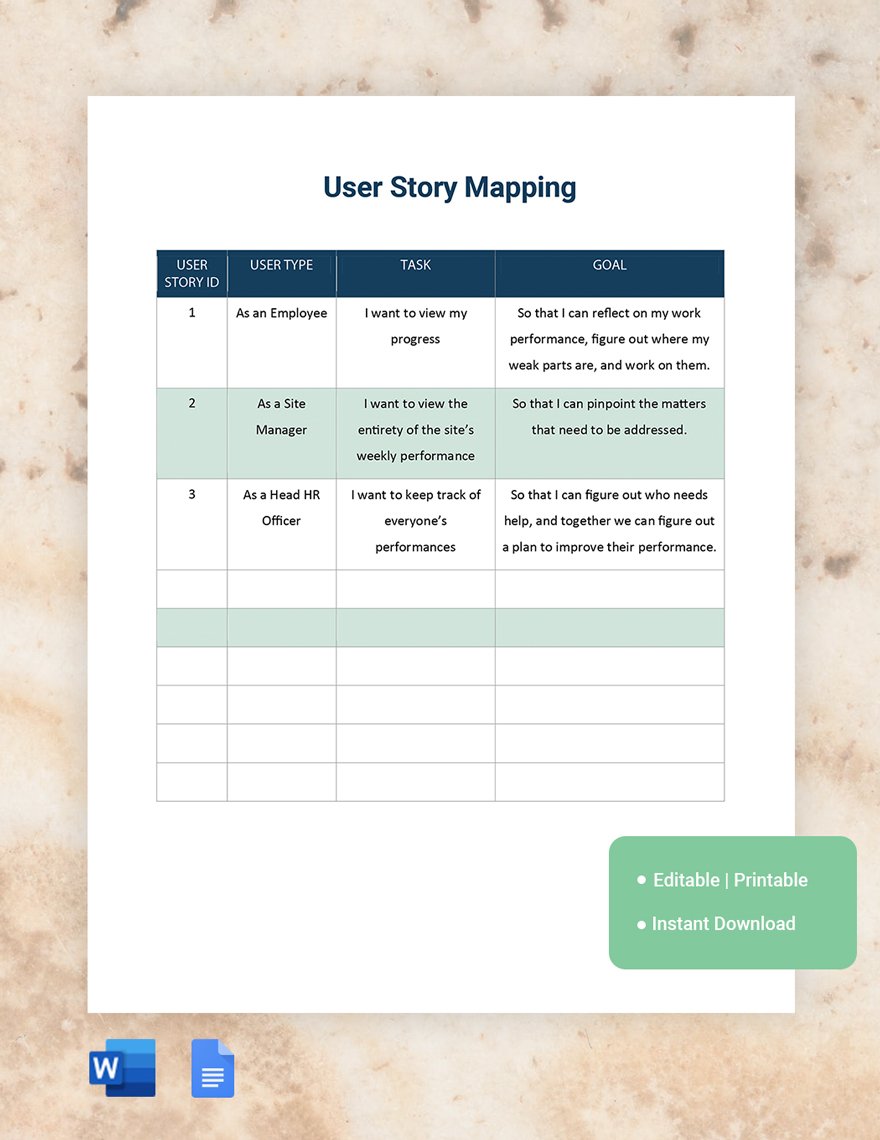 User Story Mapping Template in Word, Google Docs