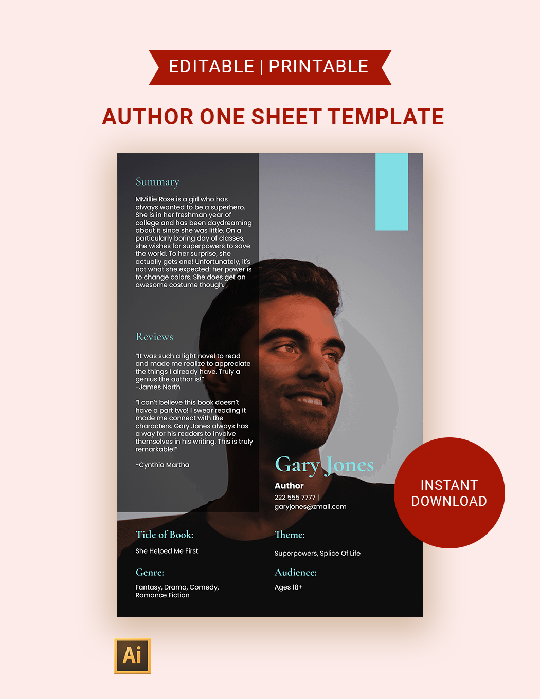 Author One Sheet Template in Word, Google Docs, Illustrator, Publisher