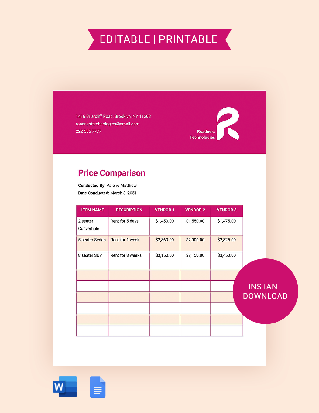 Price Comparison Template in Google Docs FREE Download